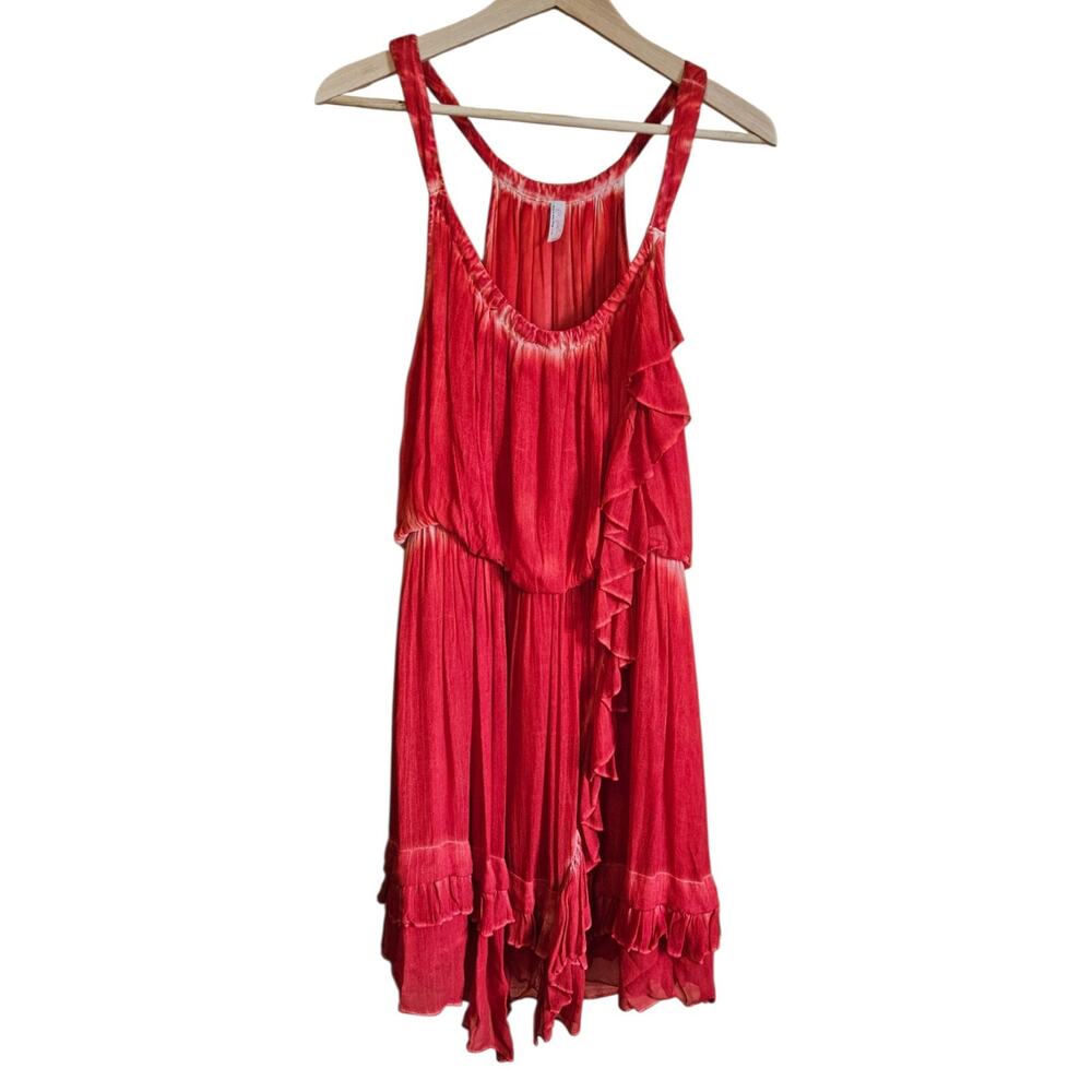 Free People Size Medium Coral Red Acid Wash Asymmetrical Ruffle Mini Dress - Picture 1 of 6